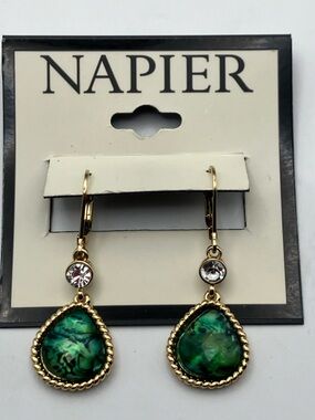 Napier Gold-Tone Green Teardrop Dangle Earrings with Clear Crystal Accent